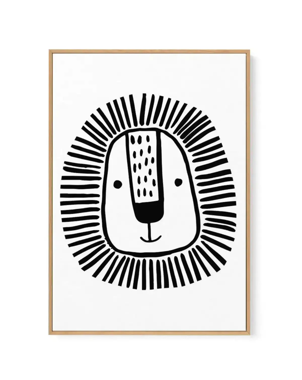 Black and white line illustration of a stylized lion head with a rounded face, two small dot eyes, and a simple curved smile. The lion's mane is depicted as radiating black lines extending outward in a circular pattern around the entire head. The mane area in the center features a textured rectangular section with vertical dashes. The artwork is printed on canvas and displayed in a natural wood frame with a white border.