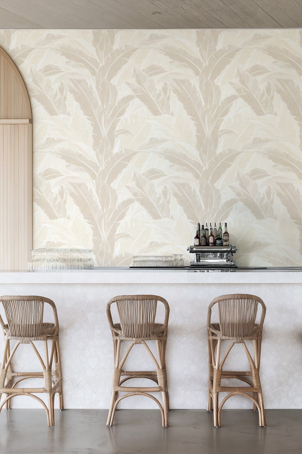 Maui in Beige Commercial Vinyl Wallcovering-Commercial Wallcoverings-Olive et Oriel-Luxury commercial-grade embossed and textured vinyl wallcovering durable fire-rated washable stain-resistant and customizable perfect for hotels offices retail childcare healthcare and hospital spaces vinyl wallpaper
