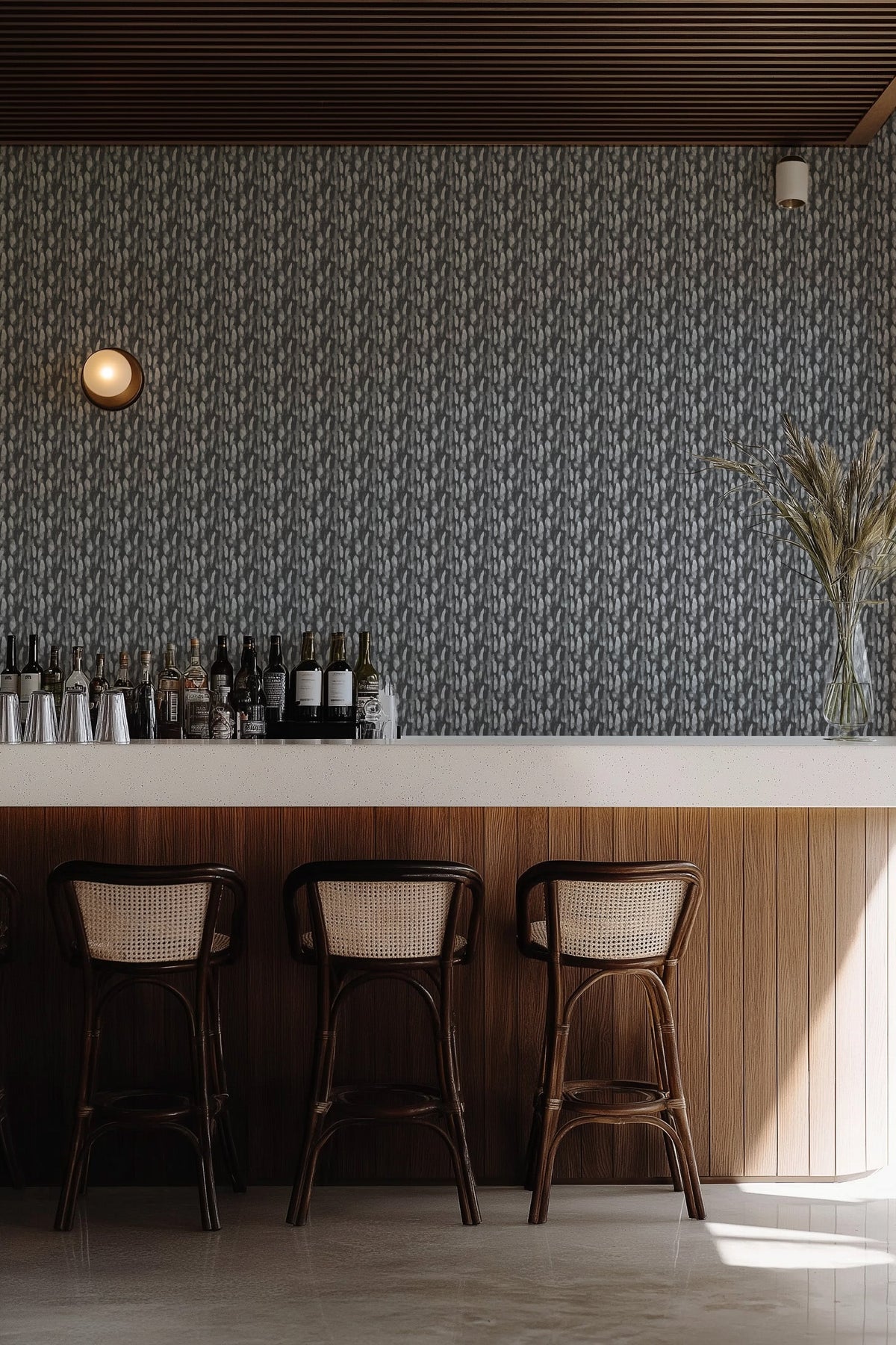 Modiste in Charcoal Commercial Vinyl Wallcovering-Commercial Wallcoverings-Olive et Oriel-Luxury commercial-grade embossed and textured vinyl wallcovering durable fire-rated washable stain-resistant and customizable perfect for hotels offices retail childcare healthcare and hospital spaces vinyl wallpaper