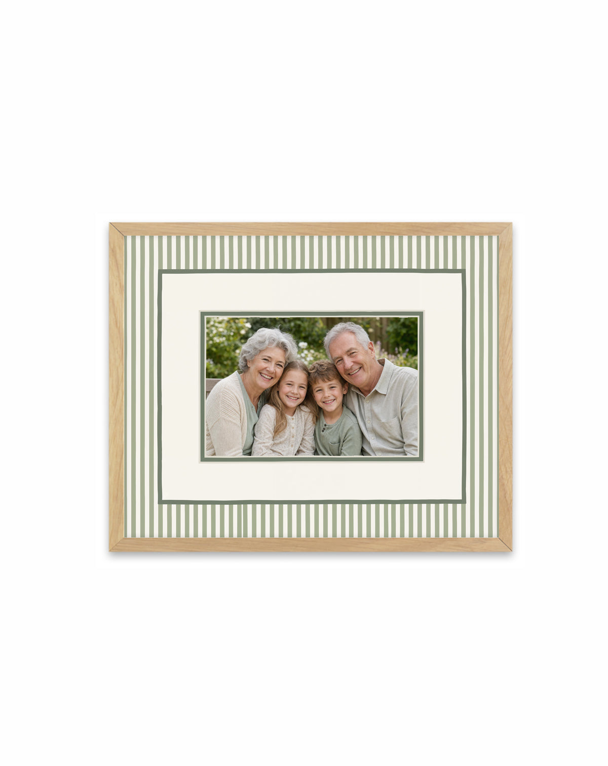 Sage Stripe custom photo framed art print in a solid timber frame with oak finish