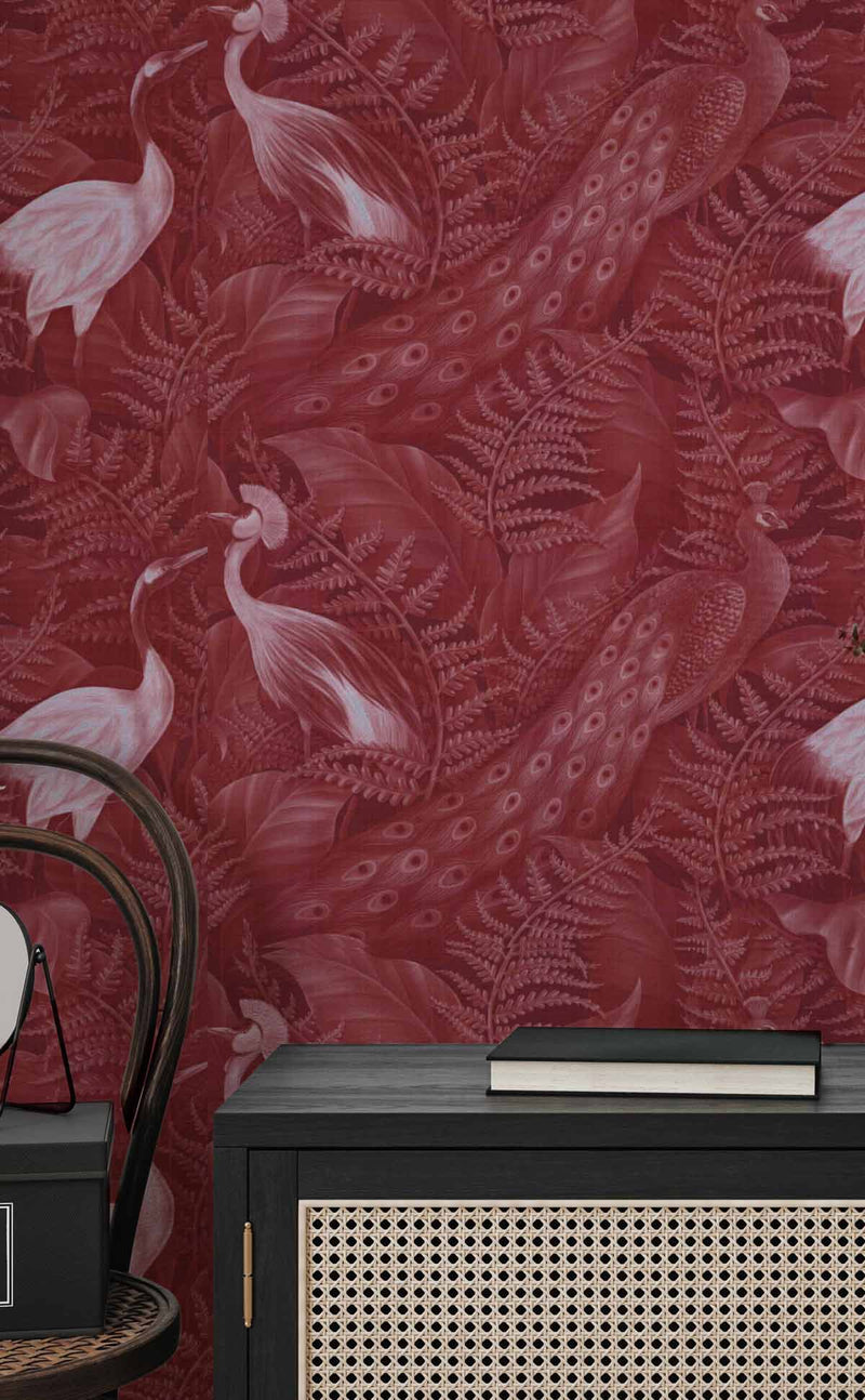 Peacock Luxe in Crimson Red Wallpaper