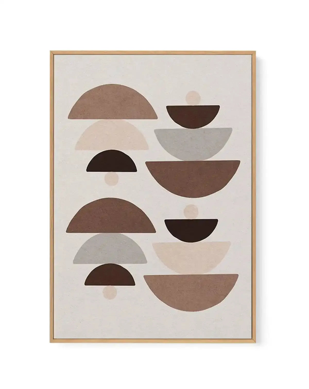 Abstract canvas print featuring stacked semi-circular and bowl shapes in earthy tones of dark brown, light brown, beige, and light grey, arranged in two vertical columns on a cream background, displayed in a natural oak frame.