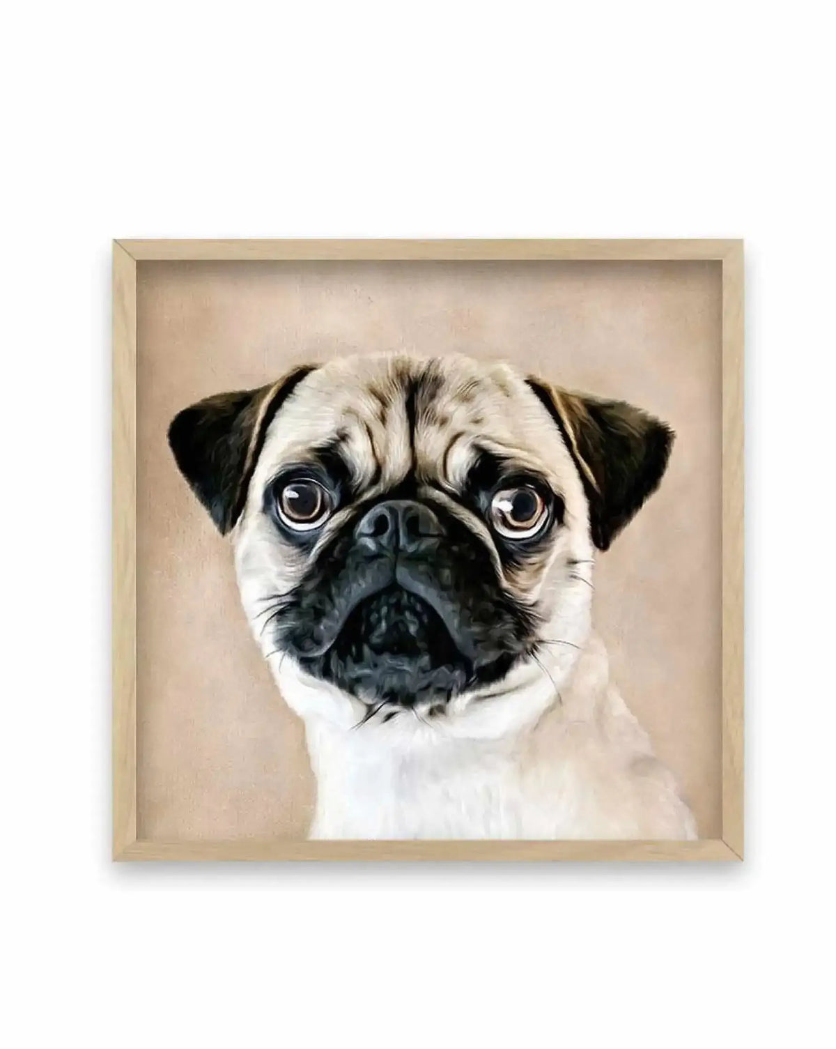 Oil painting art print featuring a close-up portrait of a pug dog with large, expressive dark eyes and a wrinkled snout, rendered with visible brushstrokes on a warm beige background, displayed in a natural oak frame with white border.