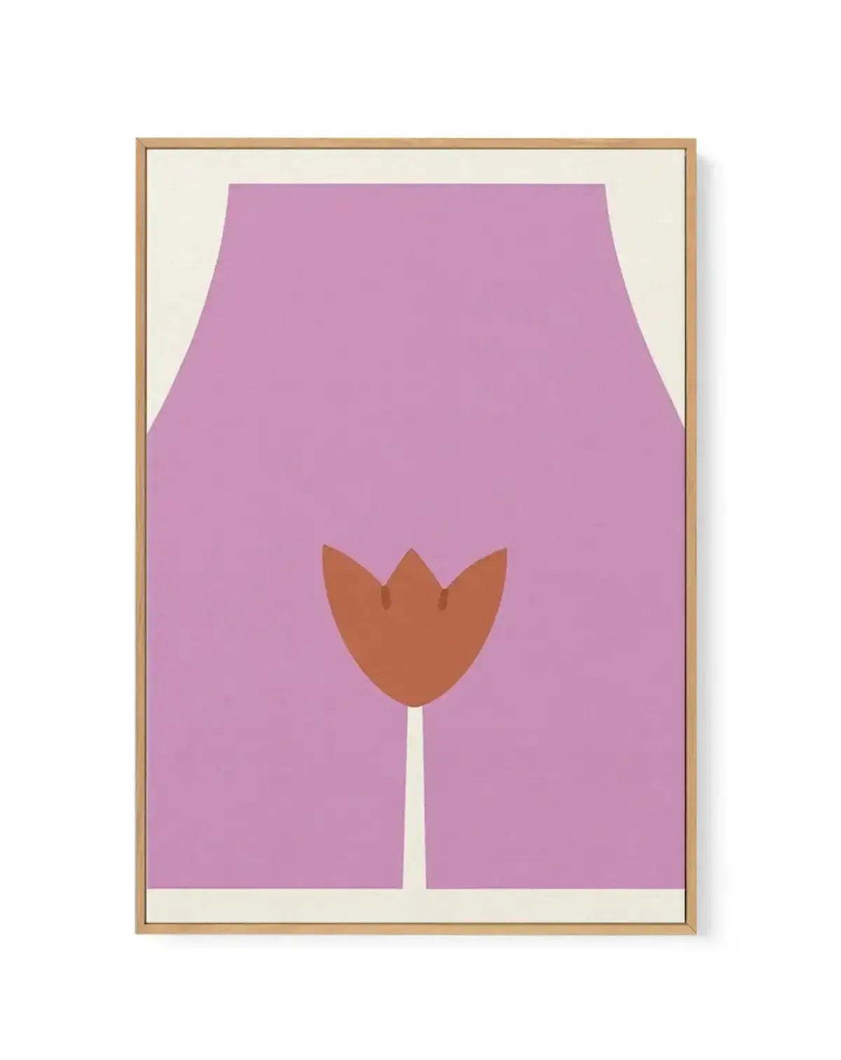 Framed canvas art print featuring a minimalist illustration on a mauve pink background. A rust-brown tulip with a pointed, three-lobed bloom sits centered in the lower half of the composition on a thin cream stem. The upper portion shows an abstract cream-colored shape suggesting an open envelope or vase form. The canvas is mounted in a natural wood frame with a cream-colored border, displayed against a white background.