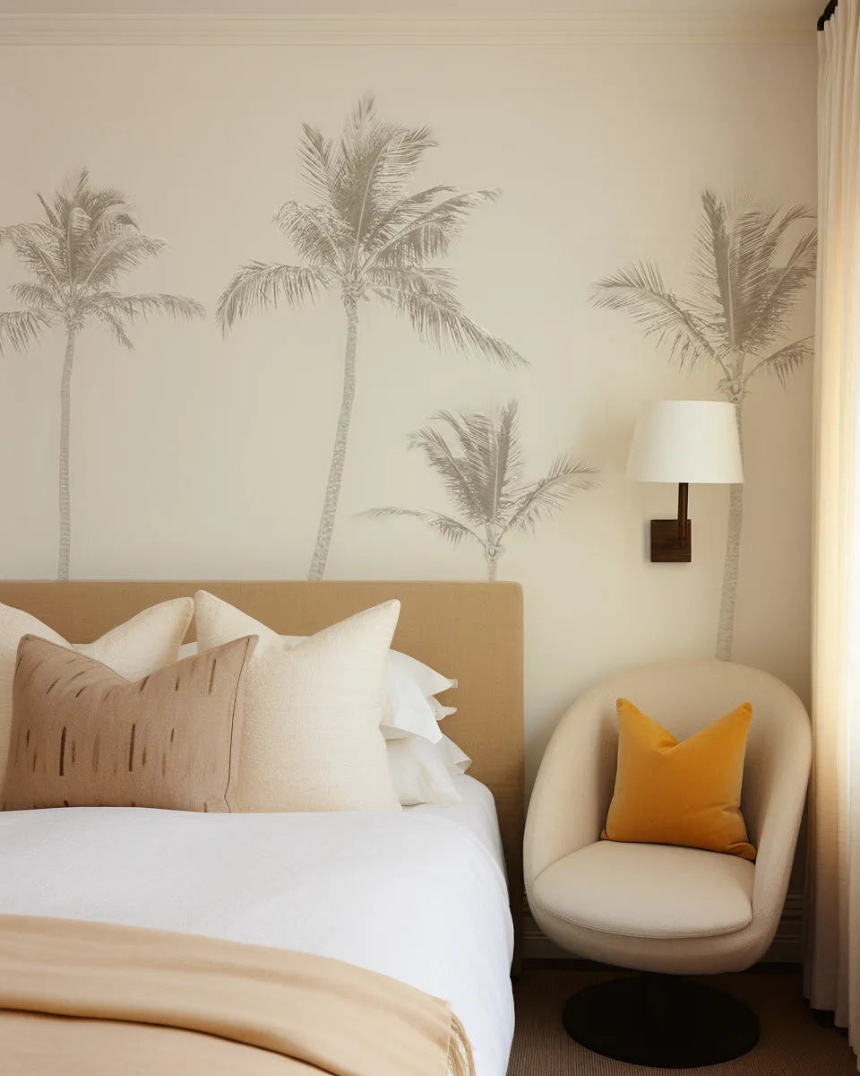 Shady Palms - Faded Wallpaper Mural from Olive et Oriel where you can shop wallpaper and artworks online