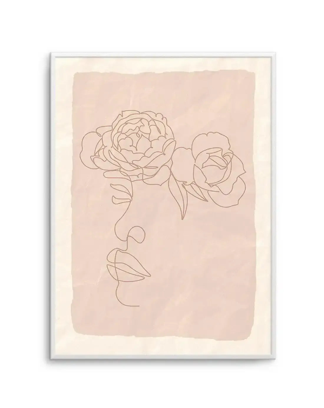 Line art print featuring a minimalist illustration of a woman's face in profile with two large peony-like flowers blooming from her head, drawn with a single continuous line in a warm brown tone on a textured blush pink background, framed in white with a white border.