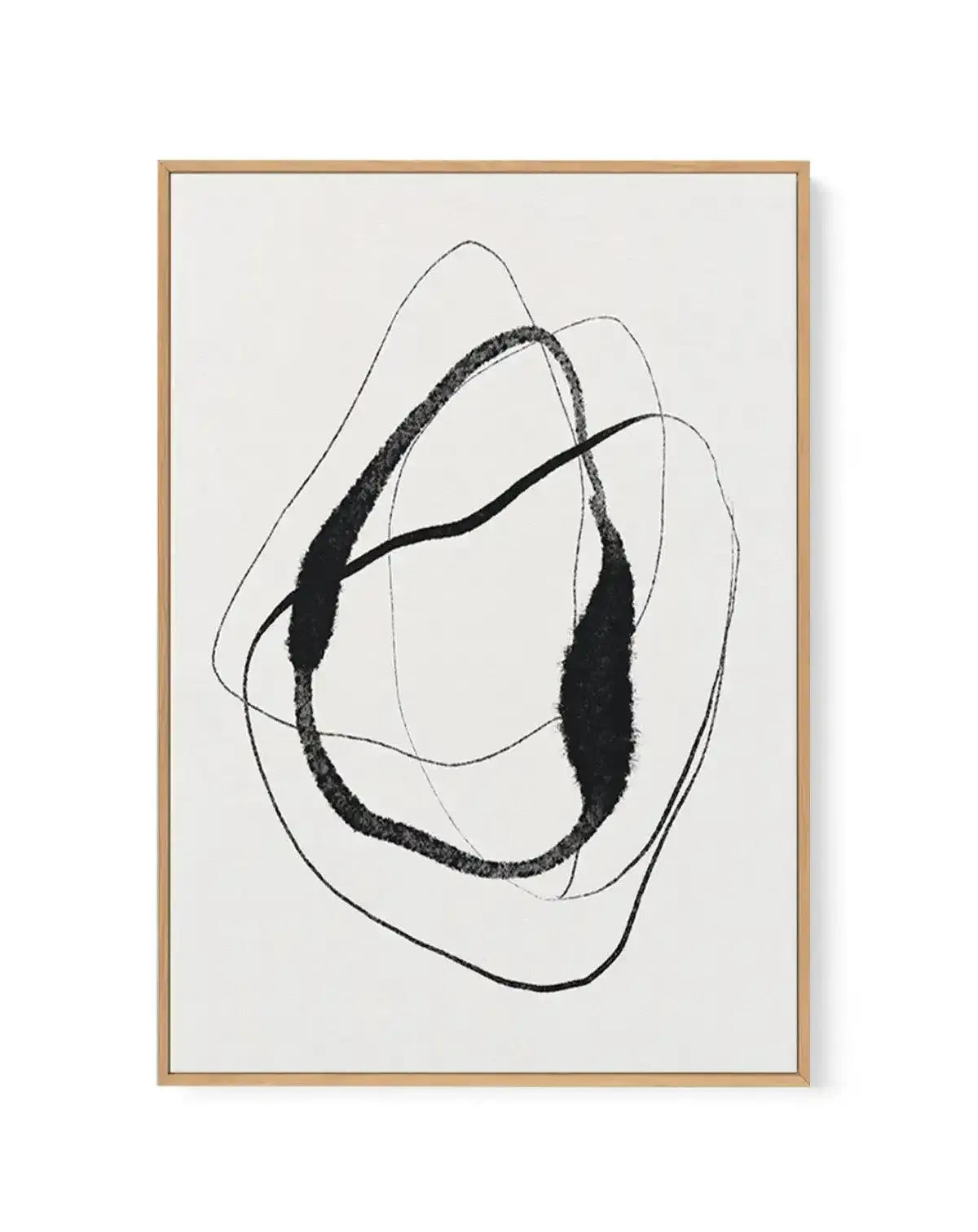 Framed canvas art print featuring an abstract line drawing in black ink on a cream background. The composition shows overlapping organic shapes with curved lines and two solid black filled areas that create a sense of depth and movement. The artwork is displayed in a natural wood frame with a white border, presenting a minimalist, contemporary aesthetic with hand-drawn quality.