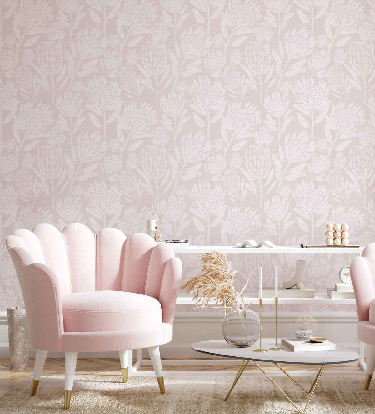 Protea in Bloom in Soft Pink Wallpaper from Olive et Oriel where you can shop wallpaper and artworks online