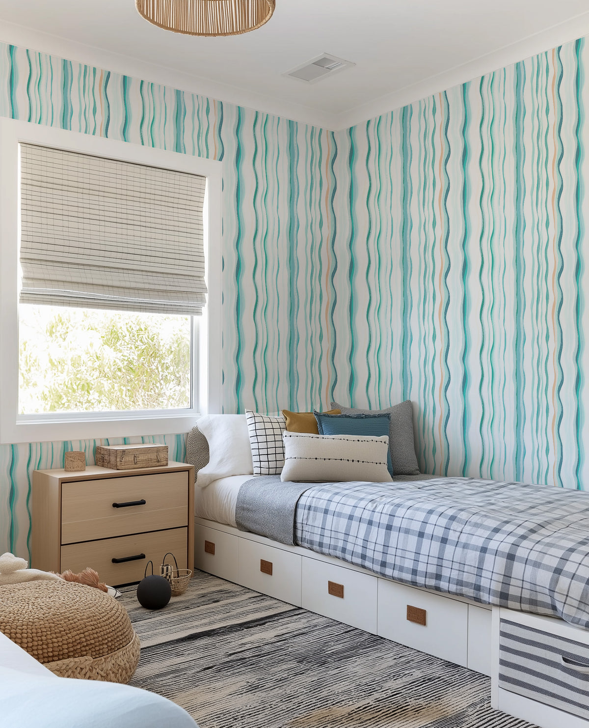 Wavey Ocean Stripe Wallpaper from Olive et Oriel where you can shop wallpaper and artworks online
