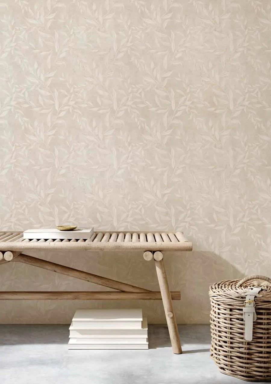 Olive Leaf Wallpaper in Sand as seen in Rachel & Ryan ‘Holiday Home Makeover’ from Olive et Oriel where you can shop wallpaper and artworks online
