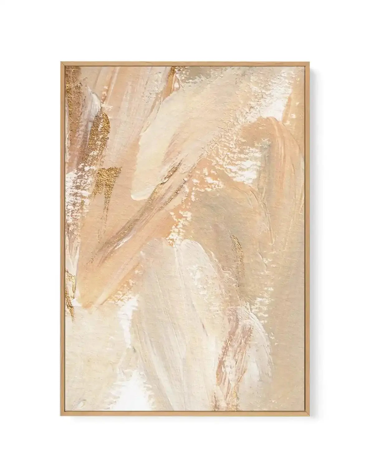 Abstract canvas print featuring thick, textured brushstrokes in warm cream, soft beige, and pale gold, creating a dynamic, flowing composition with visible impasto. The artwork is displayed in a natural wood frame.