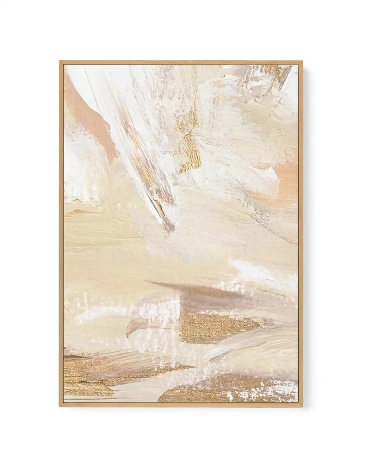 Abstract canvas print featuring thick, textured brushstrokes in warm cream, soft beige, and pale peach, accented with shimmering gold leaf details, displayed in a natural wood frame.