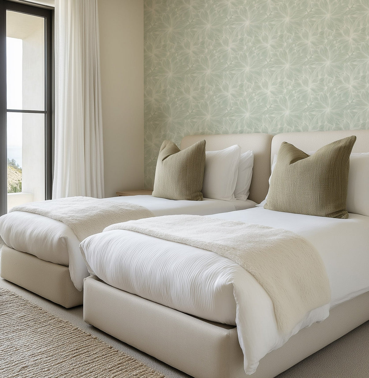 Vienna in Sage Green Commercial Vinyl Wallcovering-Commercial Wallcoverings-Olive et Oriel-Luxury commercial-grade embossed and textured vinyl wallcovering durable fire-rated washable stain-resistant and customizable perfect for hotels offices retail childcare healthcare and hospital spaces vinyl wallpaper