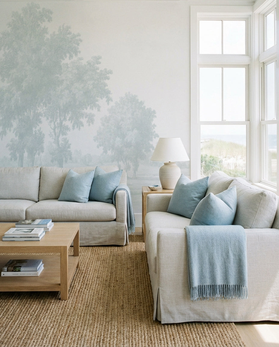 Vintage Oak Tree in Light Blue Wallpaper Mural — art print Australia