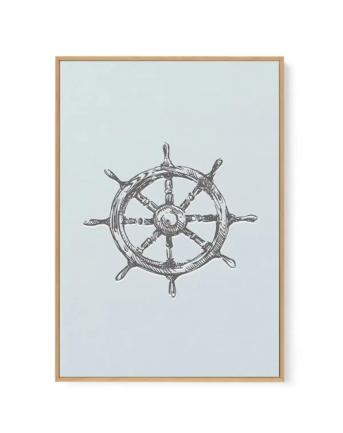 Framed canvas art print featuring a detailed black ink line drawing of a ship's wheel centered on a light blue-grey background. The nautical wheel illustration shows eight spokes radiating from a central sphere, with curved handles at cardinal points and decorative cross-hatching throughout. Natural wood frame with thin border. Vertical rectangular composition.