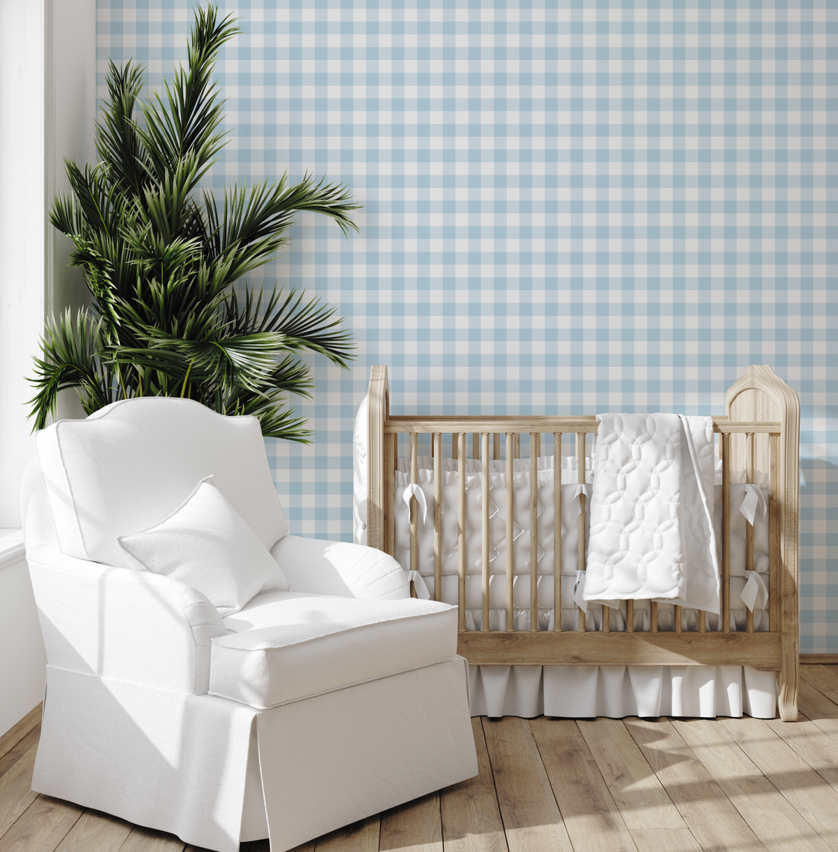 Small Gingham Check Light Blue Wallpaper from Olive et Oriel where you can shop wallpaper and artworks online
