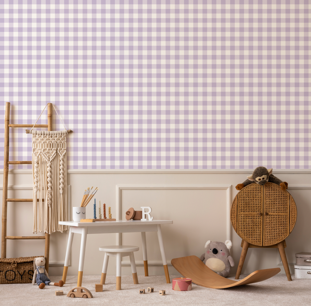 Small Gingham Check Lilac Wallpaper from Olive et Oriel where you can shop wallpaper and artworks online