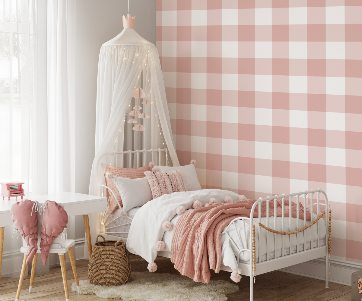 Large Gingham Check Rose Pink Wallpaper from Olive et Oriel where you can shop wallpaper and artworks online