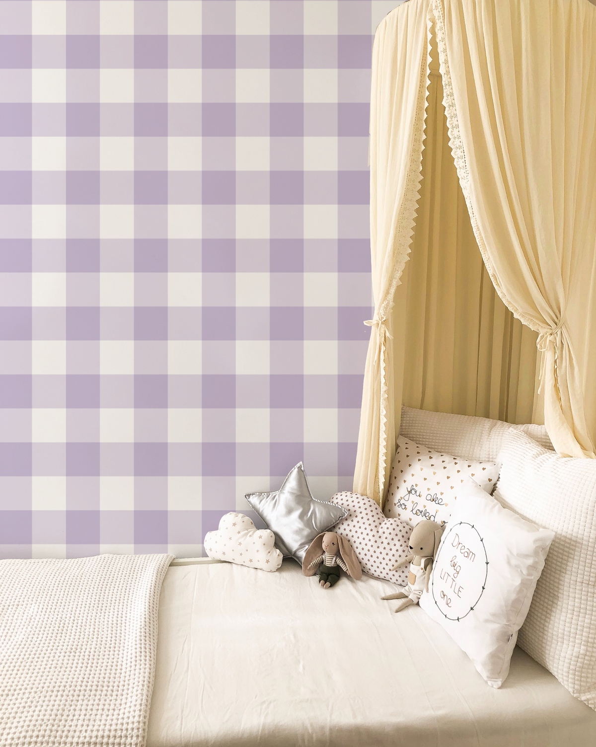 Medium Gingham Check Lilac Wallpaper from Olive et Oriel where you can shop wallpaper and artworks online