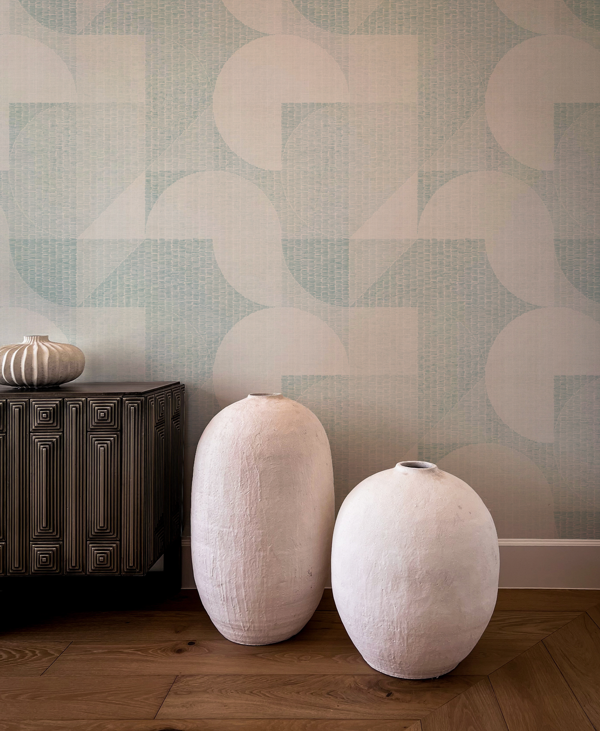 Cutting Shapes Light Teal Blue Wallpaper from Olive et Oriel where you can shop wallpaper and artworks online