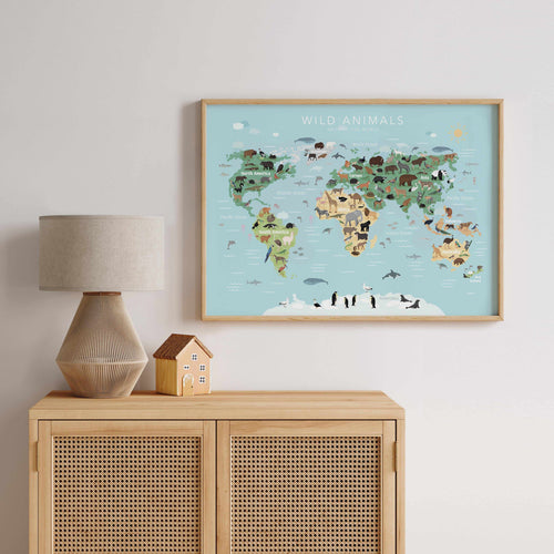 Wild Animals World Map | Blue Art Print-PRINT-Olive et Oriel-Olive et Oriel-Buy-Australian-Art-Prints-Online-with-Olive-et-Oriel-Your-Artwork-Specialists-Austrailia-Decorate-With-Coastal-Photo-Wall-Art-Prints-From-Our-Beach-House-Artwork-Collection-Fine-Poster-and-Framed-Artwork