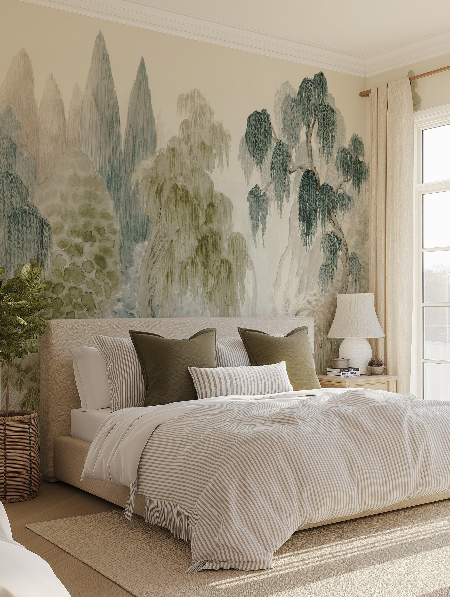 Japandi Garden Panoramic Painted Mural Wallpaper styled in a contemporary Australian living room