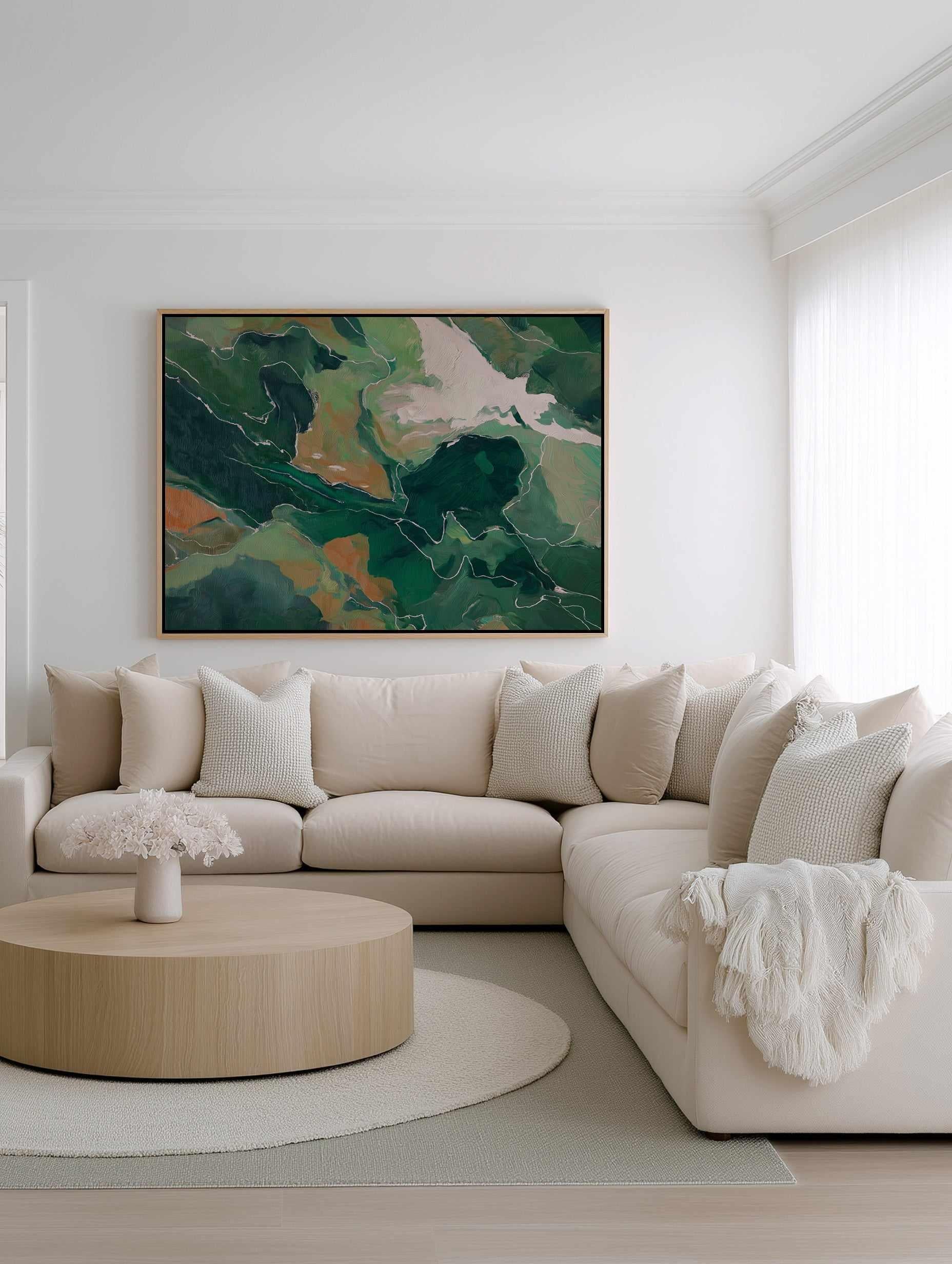Abstract Wall Art Australia - Green Abstract Artwork above a beige lounge in a well-lit lounge room