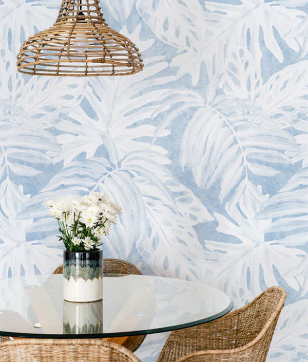 Buy Removable Peel and Stick Wallpaper Delivered Direct to Your Door with Olive et Oriel. Feat blue and white palm wallpaper in this image.