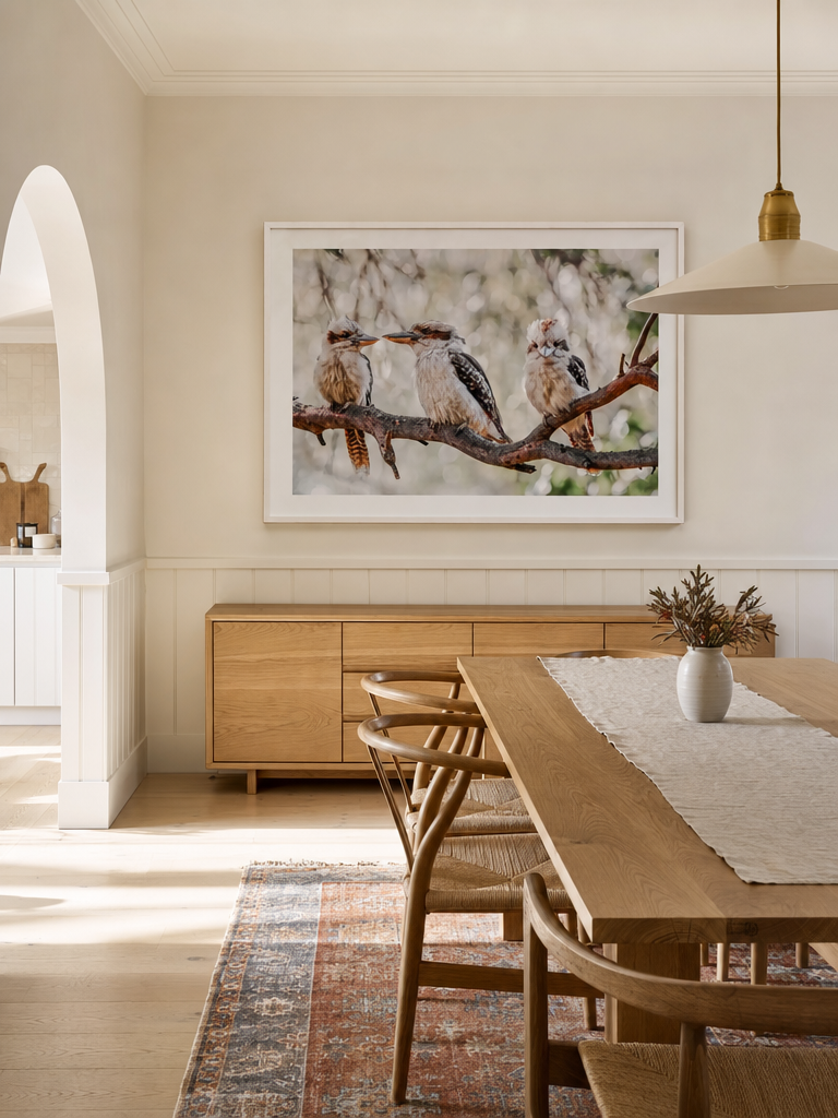 Kookaburras III Art Print styled in an Australian coastal home, extra large statement size