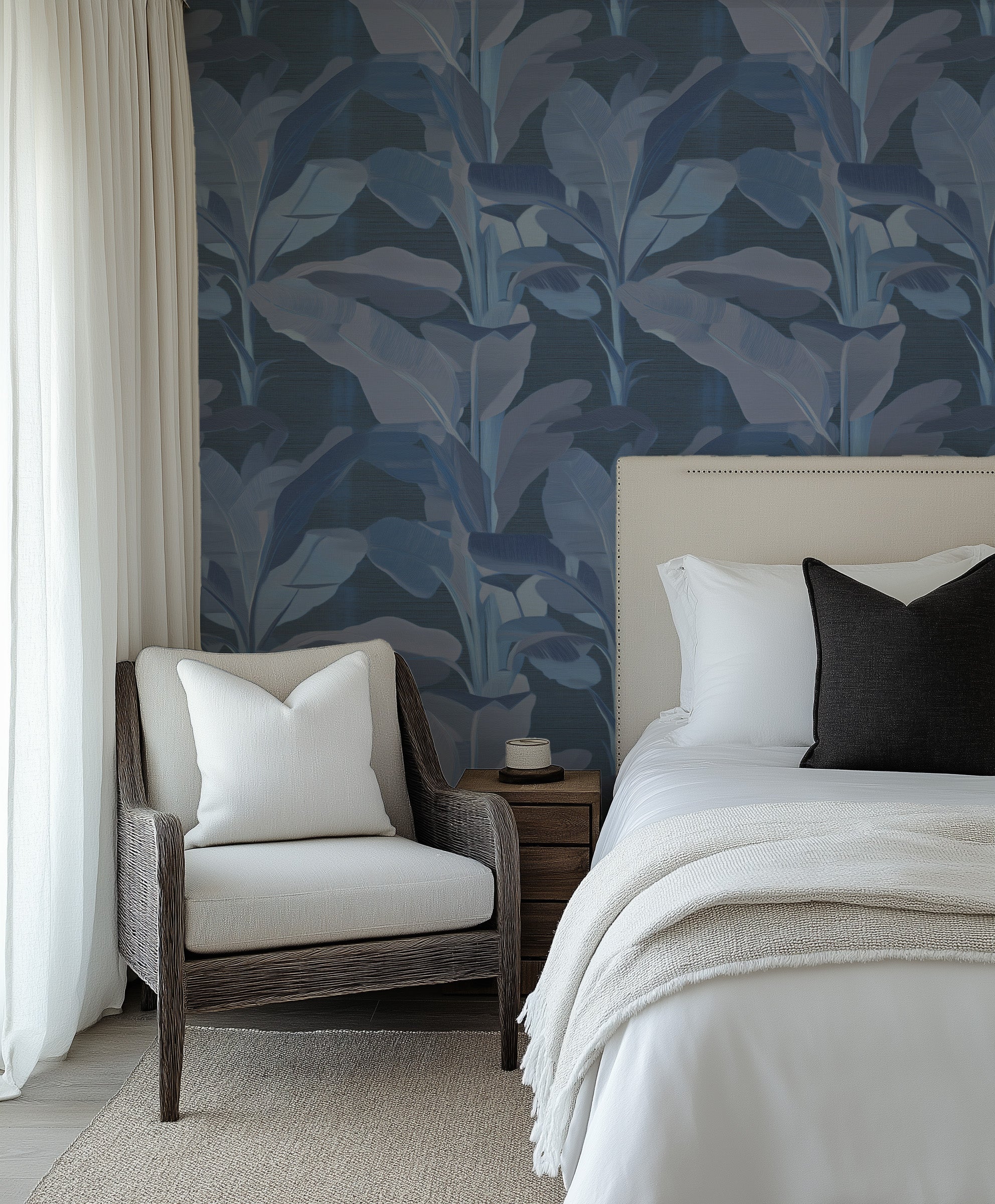 Palmera Nocturne in Navy Blue Commercial Vinyl Wallpaper from Olive et Oriel where you can shop wallpaper and artworks online