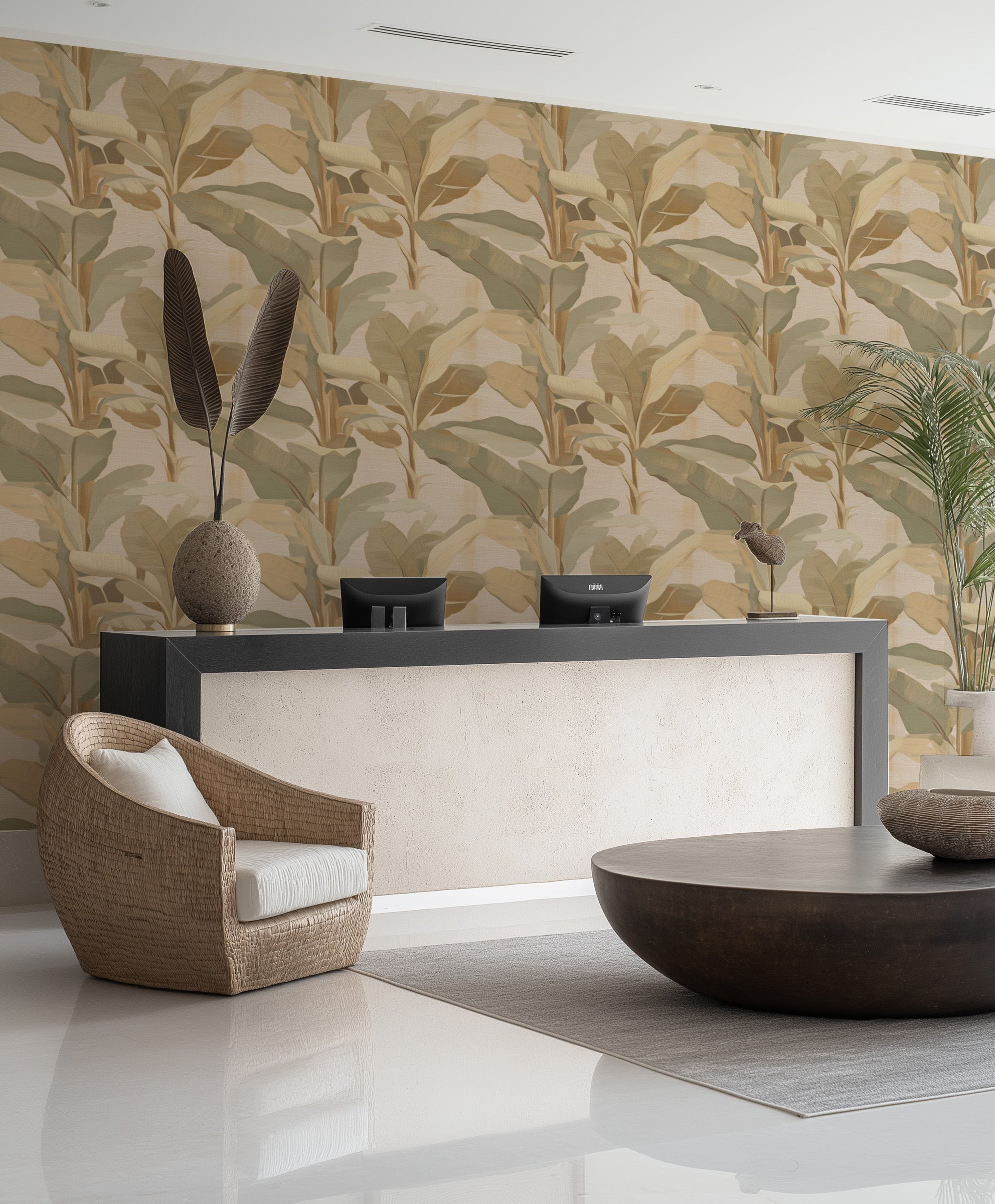 Palmera Nocturne in Beige Commercial Vinyl Wallpaper from Olive et Oriel where you can shop wallpaper and artworks online