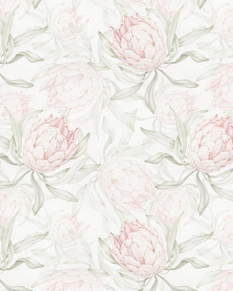 Paradise Protea in Soft Pink & Sage Green Wallpaper from Olive et Oriel where you can shop wallpaper and artworks online
