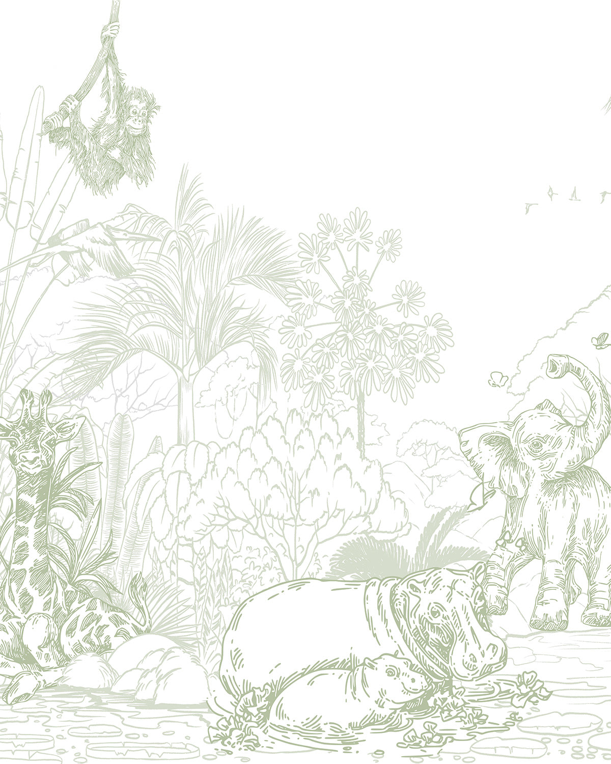 Jungle Babies Sage Green Wallpaper Mural