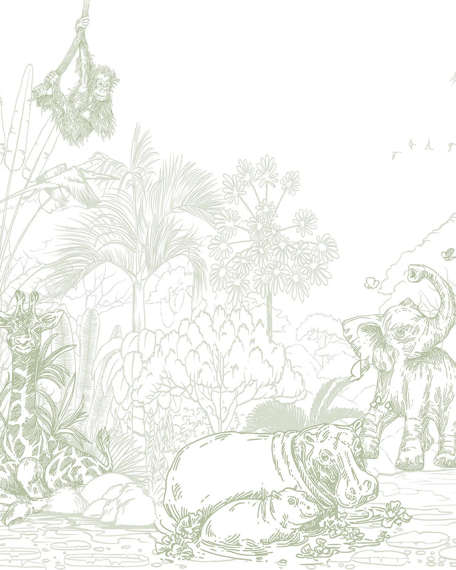 Jungle Babies Sage Green Wallpaper Mural from Olive et Oriel where you can shop wallpaper and artworks online