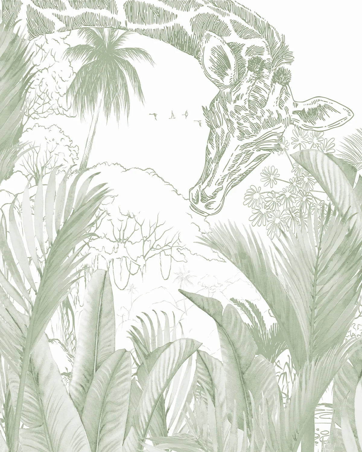 Giraffe Friends Sage Green Wallpaper Mural from Olive et Oriel where you can shop wallpaper and artworks online