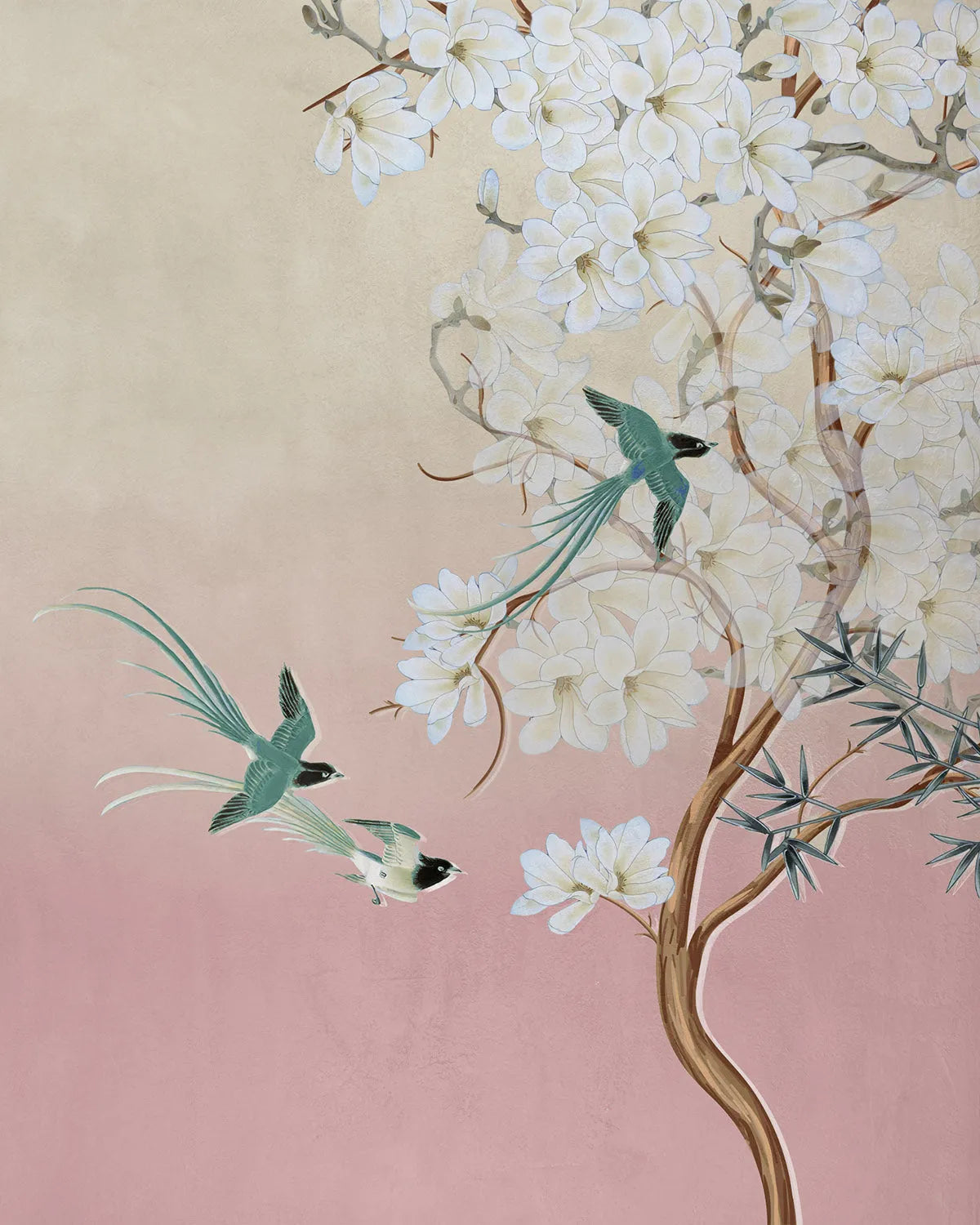 Chinoiserie in Spring in Sunset Pink Wallpaper from Olive et Oriel where you can shop wallpaper and artworks online