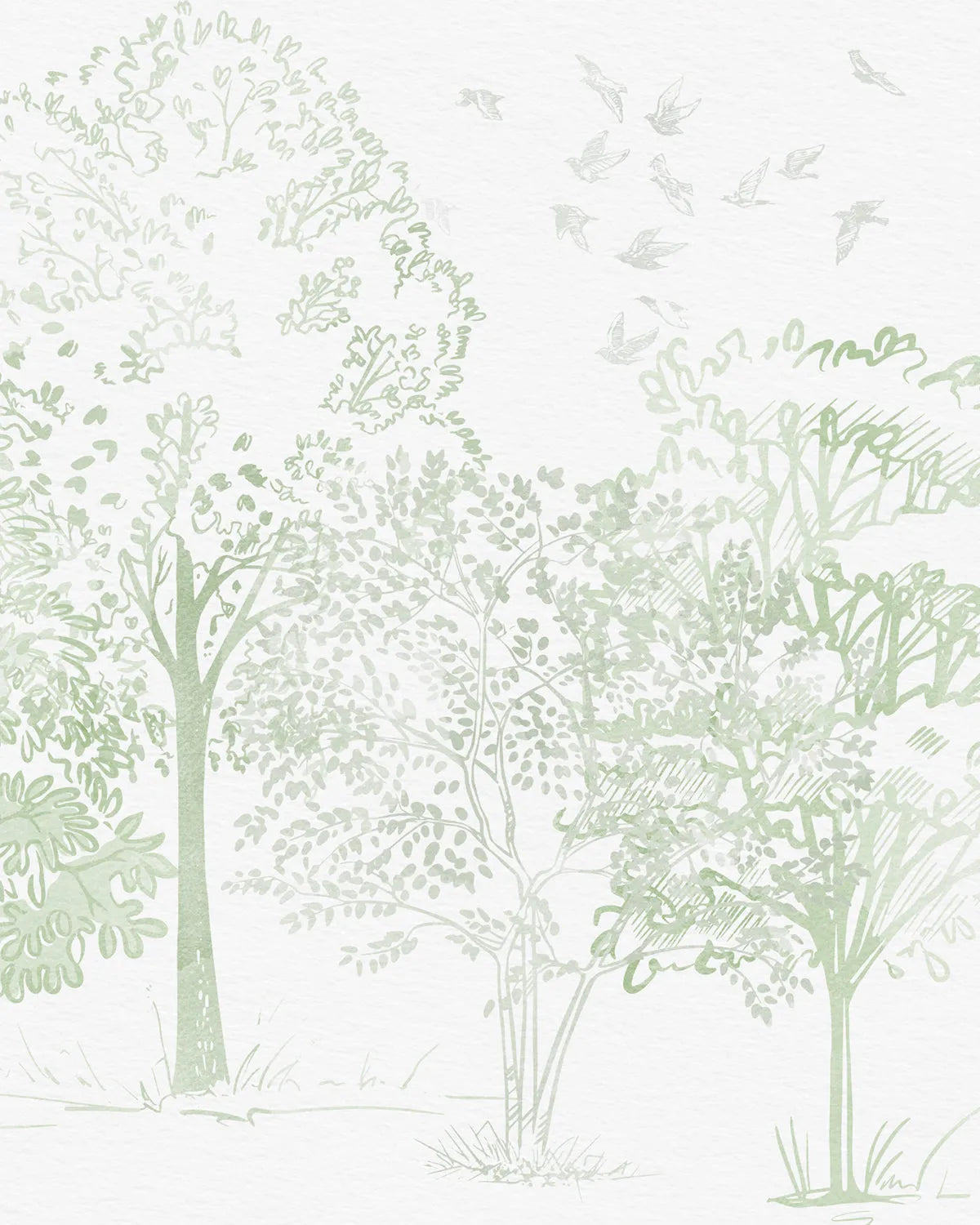 Watercolour Trees in Sage Green Wallpaper Mural from Olive et Oriel where you can shop wallpaper and artworks online