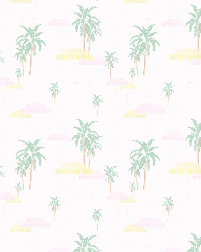 Pool Side Umbrellas Pink On White Wallpaper from Olive et Oriel where you can shop wallpaper and artworks online