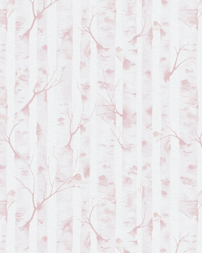Woodland Birds in Soft Pink Wallpaper from Olive et Oriel where you can shop wallpaper and artworks online