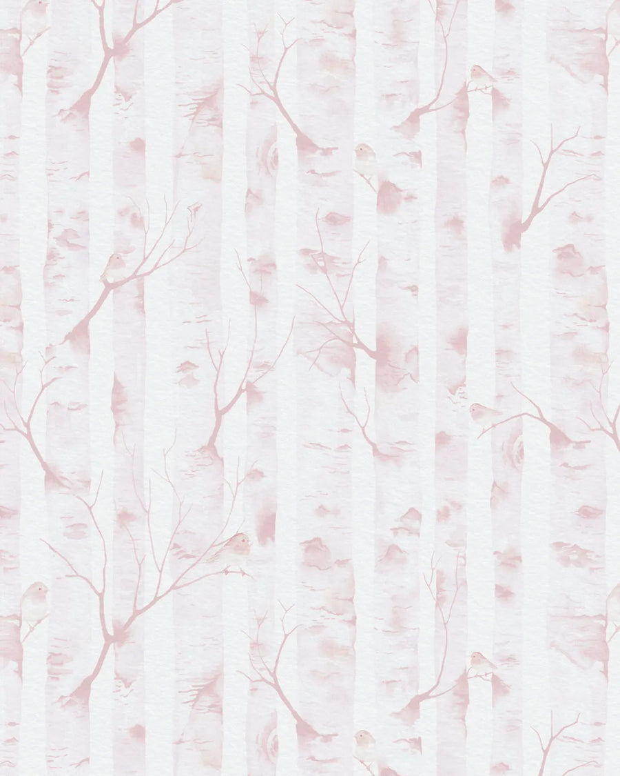 Woodland Birds in Soft Pink Wallpaper from Olive et Oriel where you can shop wallpaper and artworks online
