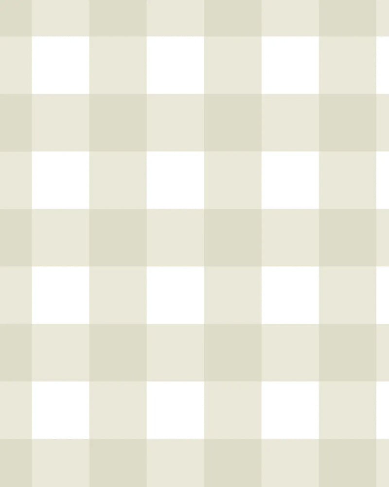 Medium gingham check wallpaper in new neutral green featuring a repeating pattern of white and soft sage green squares arranged in a classic checked design. The pattern alternates between crisp white and muted celadon green blocks creating an even, balanced grid across the full wallpaper sample shown.