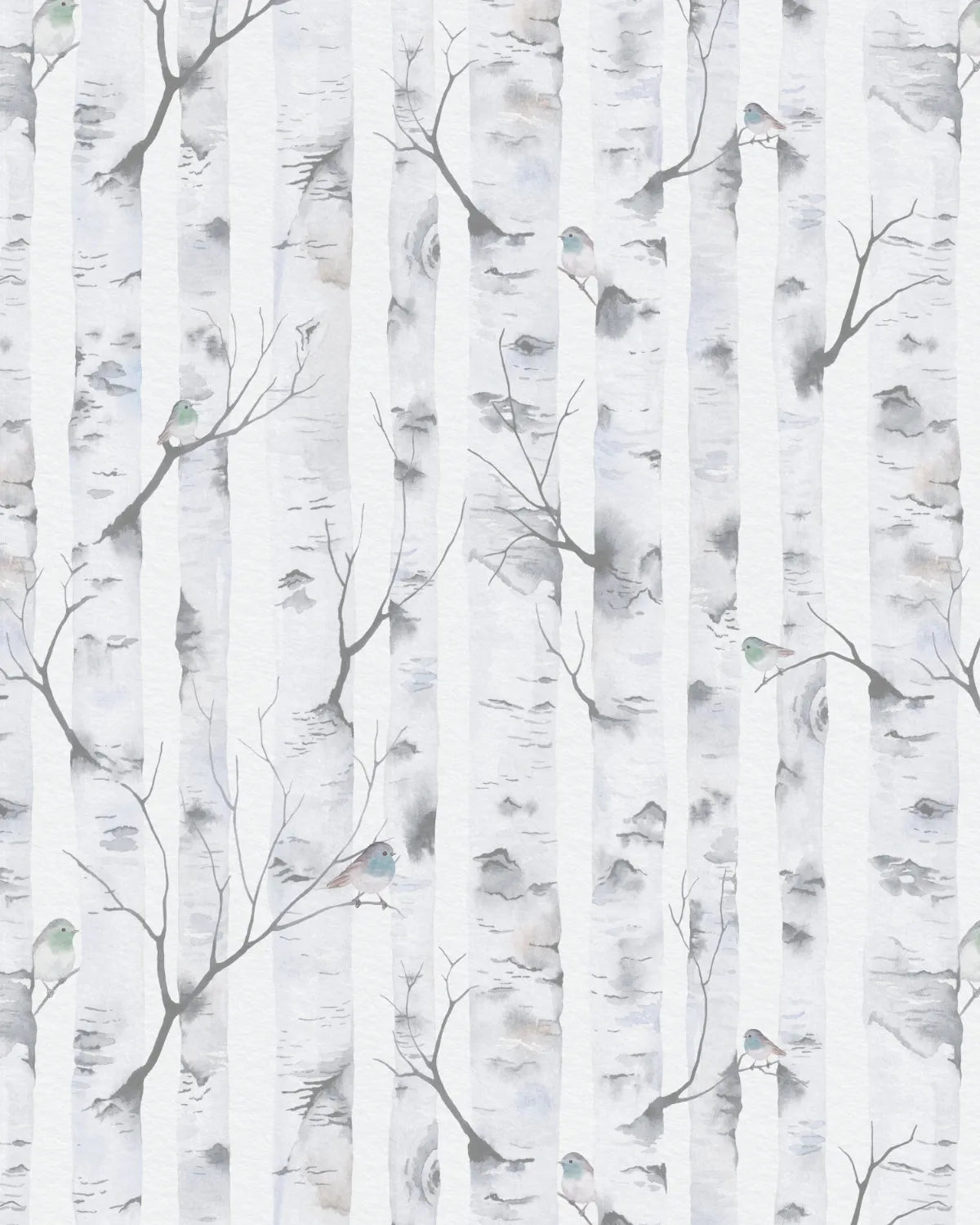 Woodland Birds in Blue Grey Wallpaper from Olive et Oriel where you can shop wallpaper and artworks online
