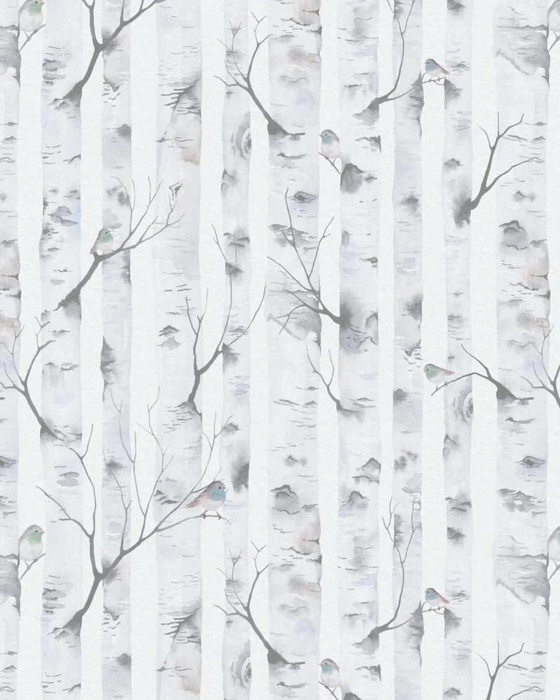 Woodland Birds in Blue Grey Wallpaper from Olive et Oriel where you can shop wallpaper and artworks online