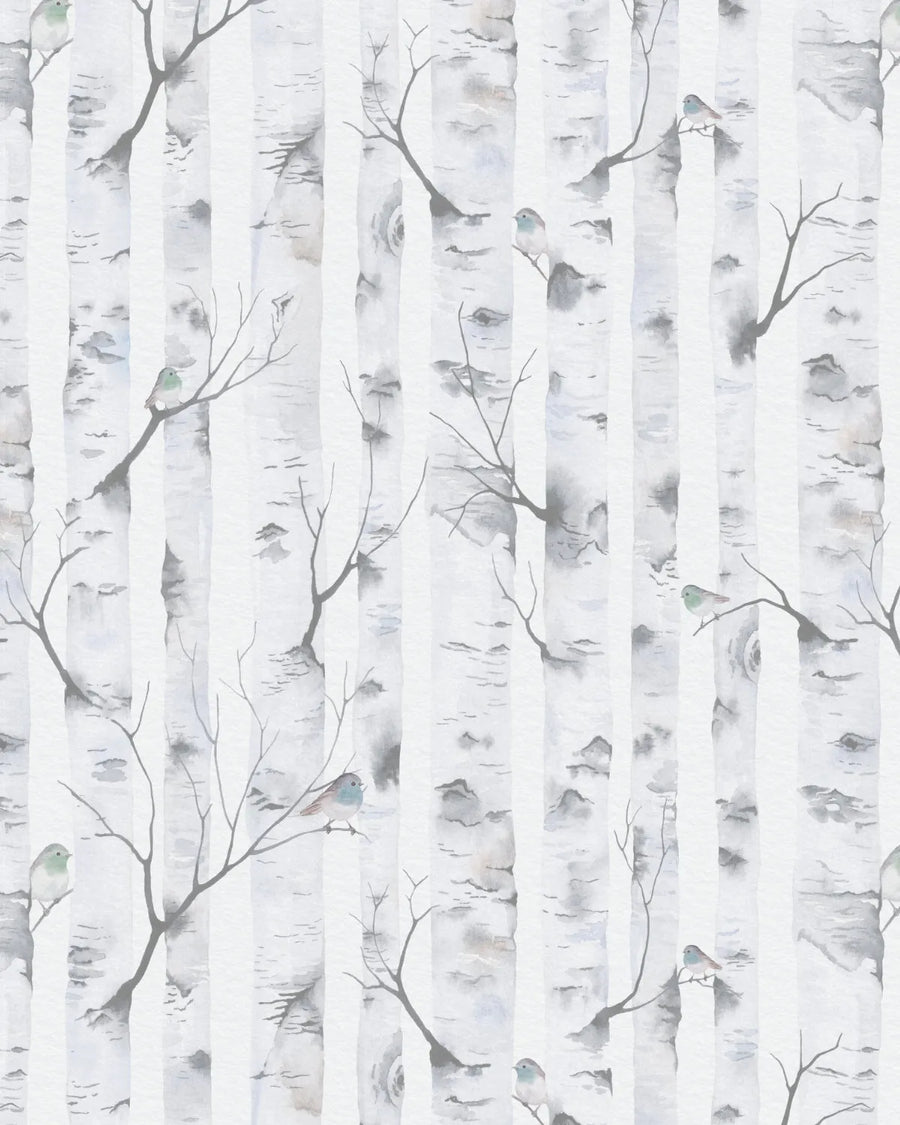 Woodland Birds in Blue Grey Wallpaper from Olive et Oriel where you can shop wallpaper and artworks online