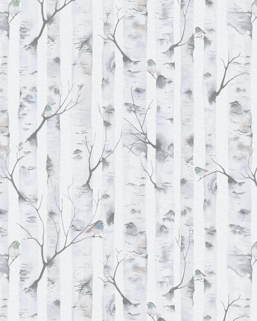 Woodland Birds in Blue Grey Wallpaper