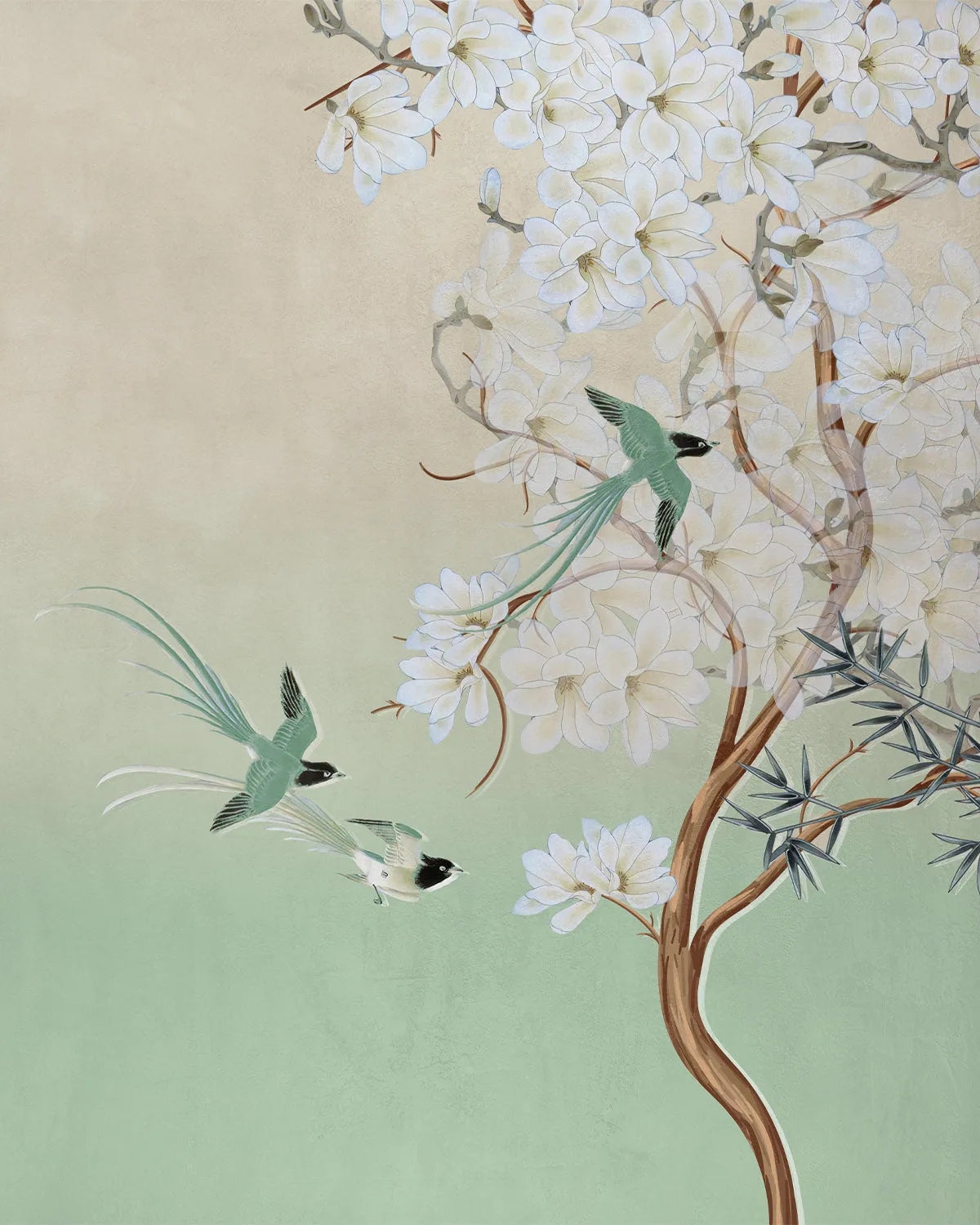 Chinoiserie in Spring in Sage Green Wallpaper from Olive et Oriel where you can shop wallpaper and artworks online