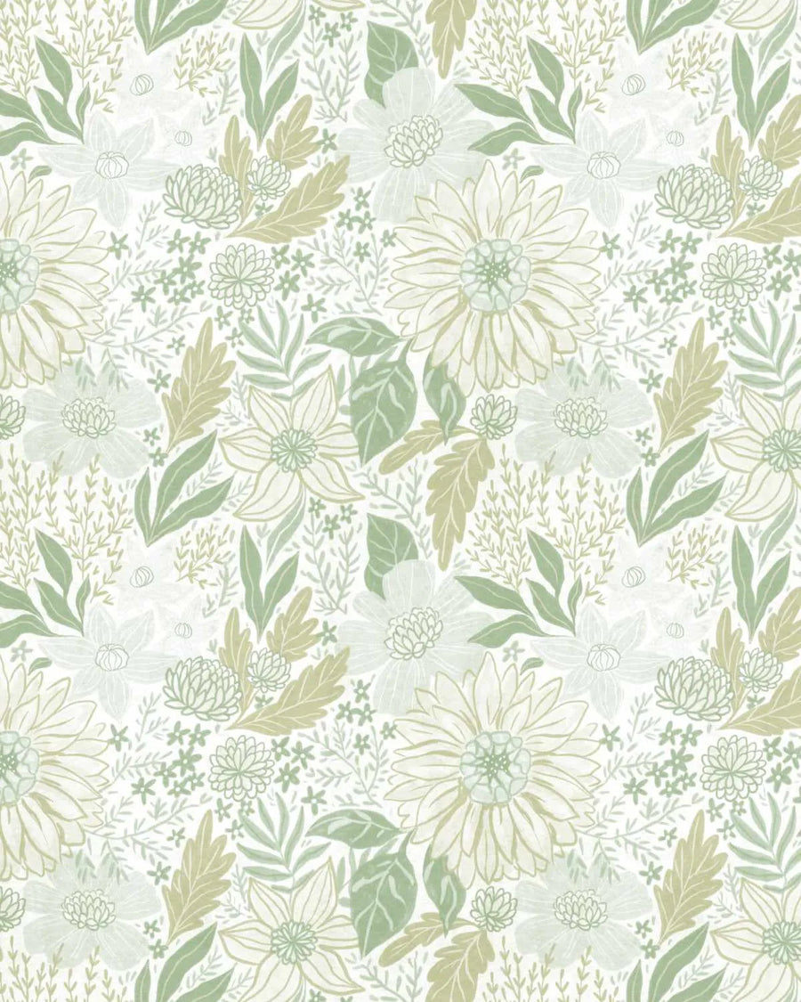 Botanical Sketch Grande Sage Green Wallpaper from Olive et Oriel where you can shop wallpaper and artworks online