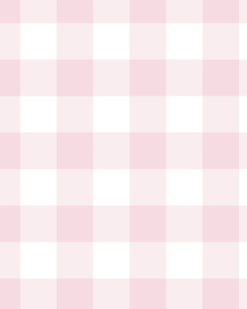Swatch of medium gingham check wallpaper in light pink and white. The design features evenly-spaced squares in alternating colors creating a classic gingham pattern. The light pink squares are soft and muted, while the white squares are crisp and bright, arranged in a repeating checkerboard layout across the entire sample.