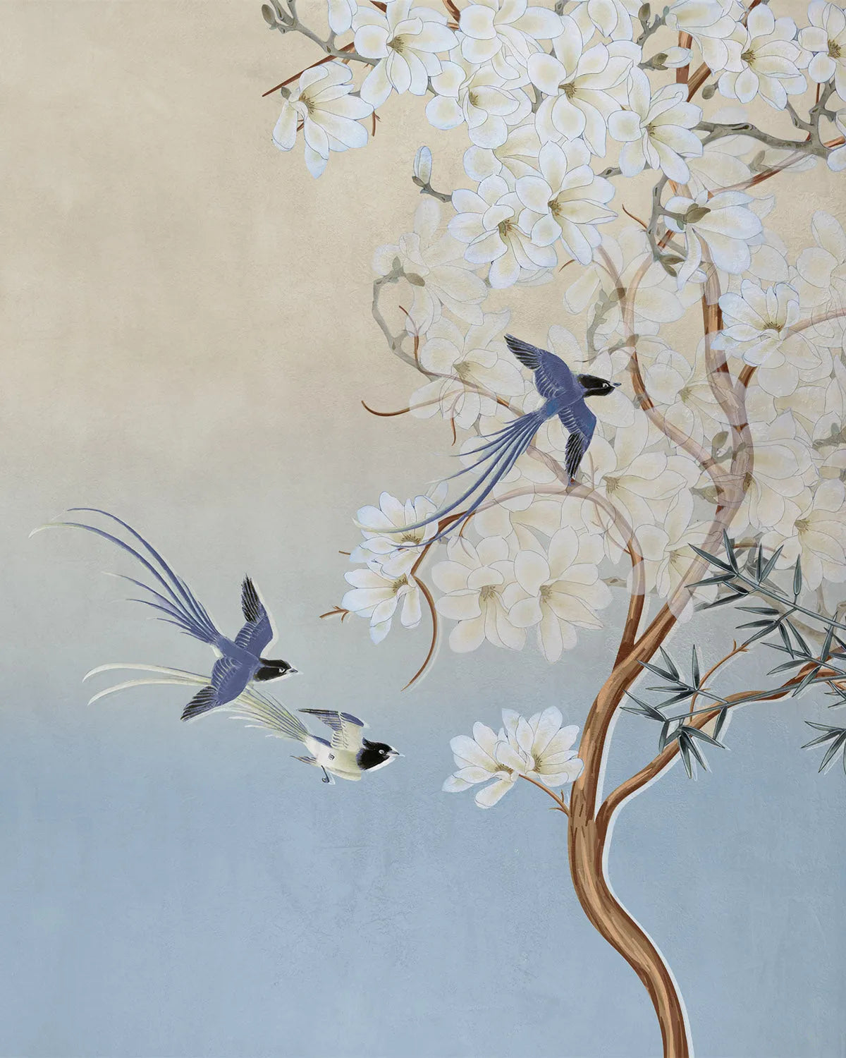 Chinoiserie in Spring in Blue Bird Wallpaper from Olive et Oriel where you can shop wallpaper and artworks online