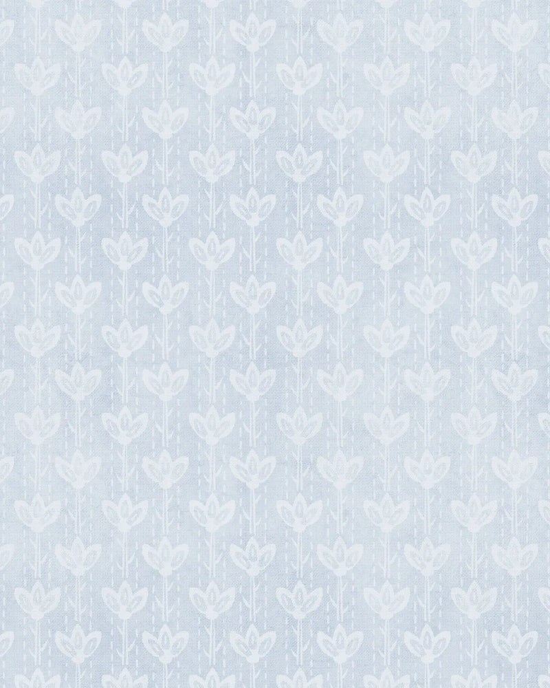 Farm House Flower Stem in Light Blue Wallpaper from Olive et Oriel where you can shop wallpaper and artworks online